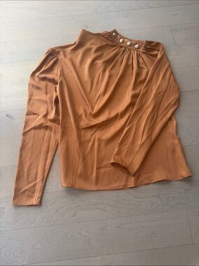 INTERMIX 95% Silk Bronze High-Neck Blouse with Gold Buttons